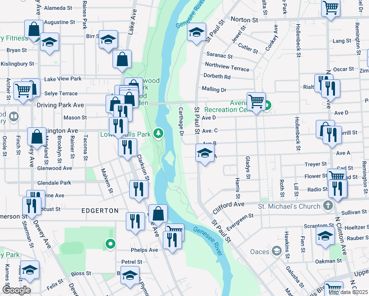 map of restaurants, bars, coffee shops, grocery stores, and more near 22 Avenue A in Rochester
