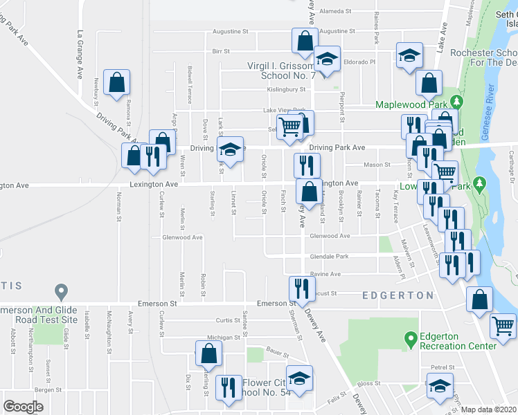 map of restaurants, bars, coffee shops, grocery stores, and more near 76 Oriole Street in Rochester
