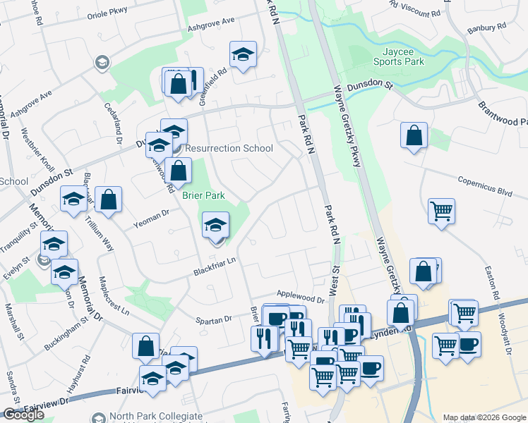 map of restaurants, bars, coffee shops, grocery stores, and more near 45 Brier Park Road in Brantford