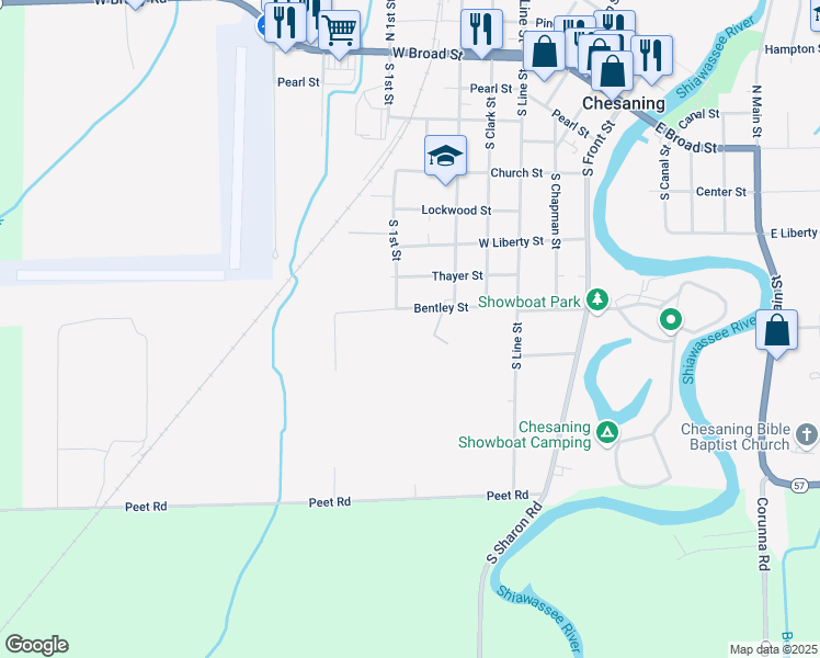 map of restaurants, bars, coffee shops, grocery stores, and more near 600 Bentley Street in Chesaning