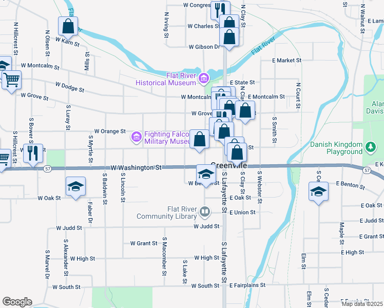 map of restaurants, bars, coffee shops, grocery stores, and more near 204 West Washington Street in Greenville