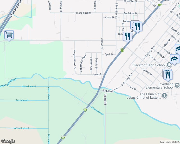 map of restaurants, bars, coffee shops, grocery stores, and more near 740 Jewel Street in Blackfoot