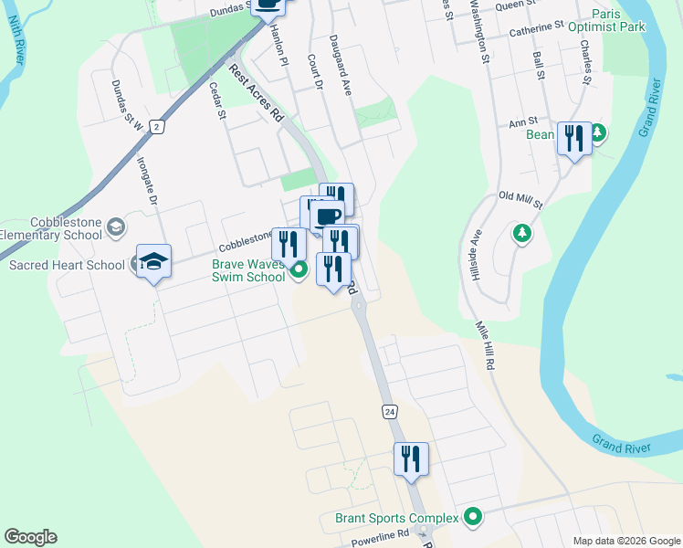 map of restaurants, bars, coffee shops, grocery stores, and more near 1084 Rest Acres Road in Brant