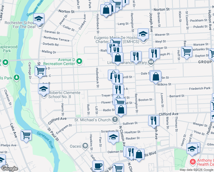 map of restaurants, bars, coffee shops, grocery stores, and more near 14 Treyer Street in Rochester
