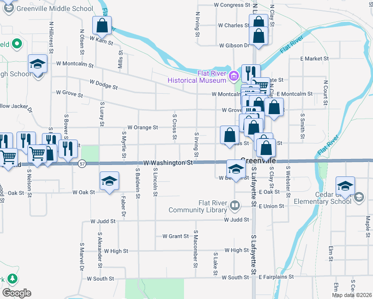 map of restaurants, bars, coffee shops, grocery stores, and more near 404 West Washington Street in Greenville