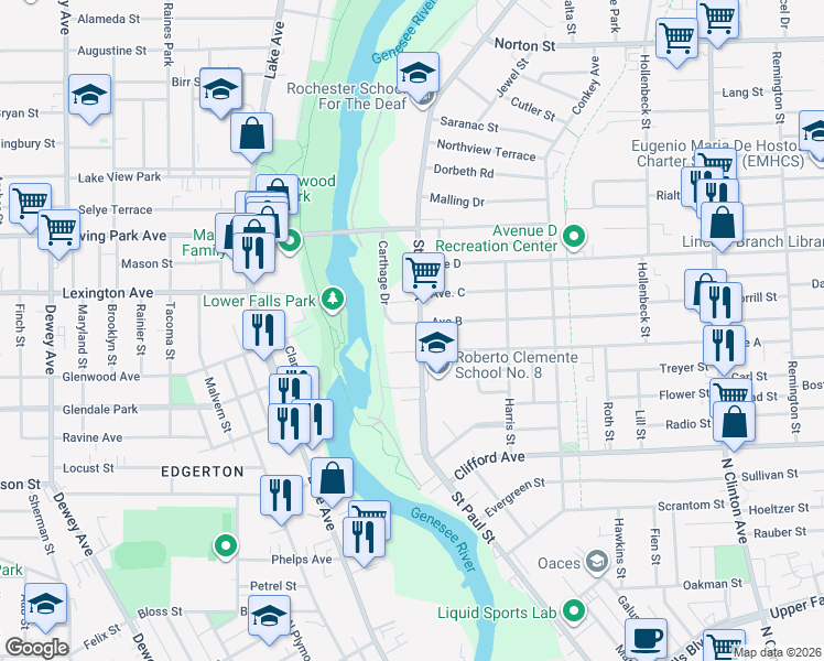 map of restaurants, bars, coffee shops, grocery stores, and more near in Rochester