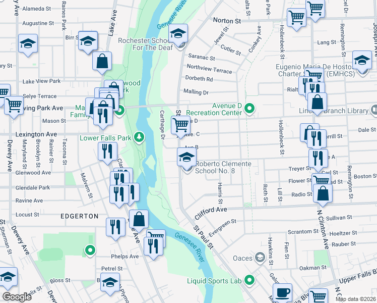 map of restaurants, bars, coffee shops, grocery stores, and more near in Rochester