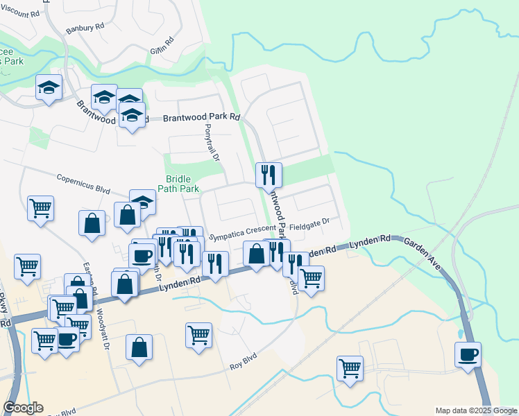 map of restaurants, bars, coffee shops, grocery stores, and more near 20 Nautical Road in Brantford