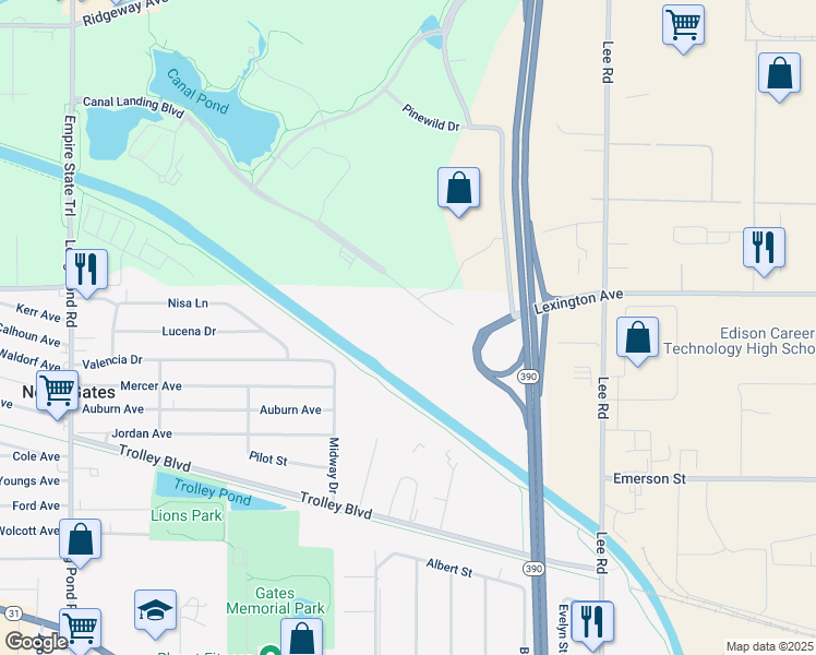map of restaurants, bars, coffee shops, grocery stores, and more near 1 Bellwood Drive in Rochester