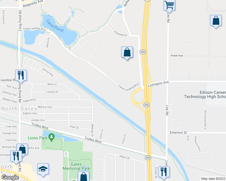 map of restaurants, bars, coffee shops, grocery stores, and more near 1 Bellwood Drive in Rochester