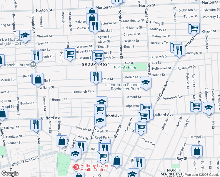 map of restaurants, bars, coffee shops, grocery stores, and more near 18 Saint Jacob Street in Rochester