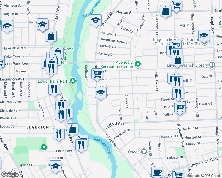 map of restaurants, bars, coffee shops, grocery stores, and more near 51 Avenue C in Rochester