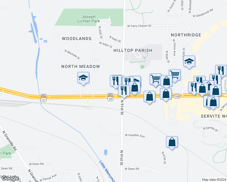 map of restaurants, bars, coffee shops, grocery stores, and more near 9130 West Brown Deer Road in Milwaukee