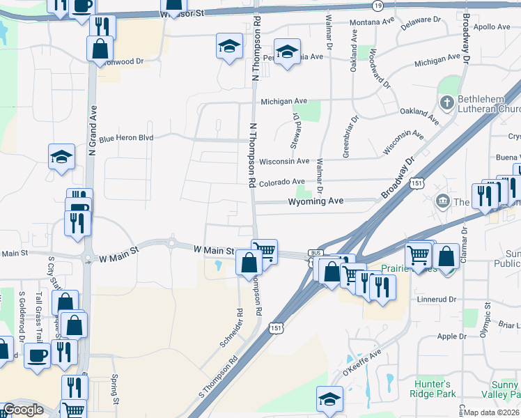 map of restaurants, bars, coffee shops, grocery stores, and more near 2233 Wyoming Avenue in Sun Prairie