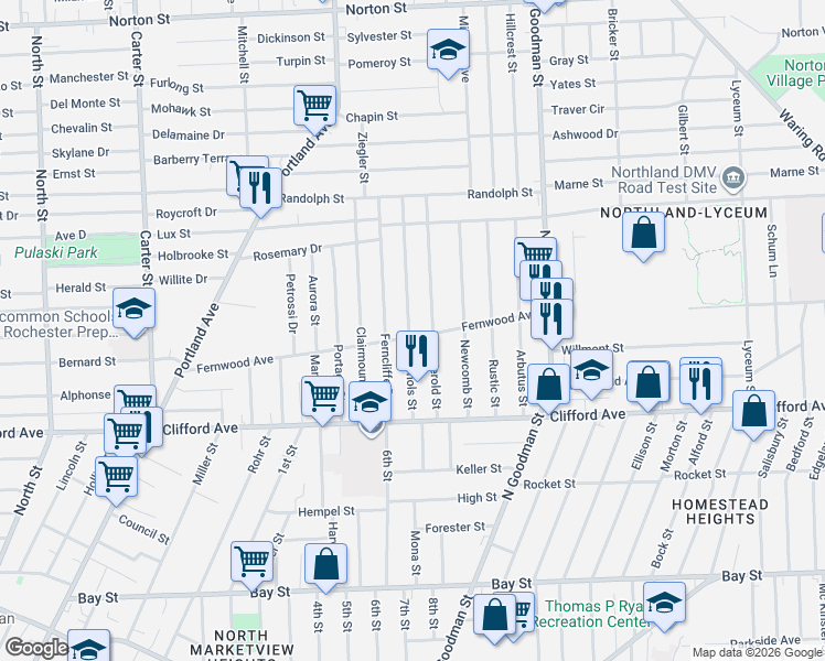 map of restaurants, bars, coffee shops, grocery stores, and more near 320 Fernwood Avenue in Rochester