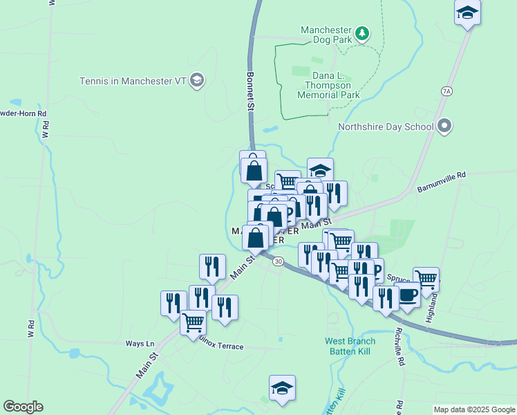 map of restaurants, bars, coffee shops, grocery stores, and more near 105b Vermont 30 in Bennington County