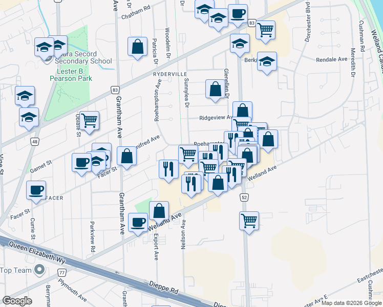 map of restaurants, bars, coffee shops, grocery stores, and more near 64 Roehampton Avenue in St. Catharines