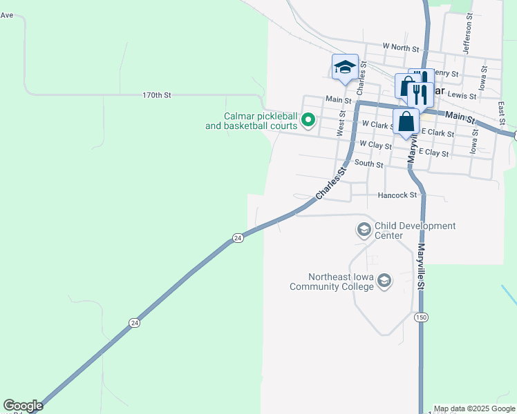 map of restaurants, bars, coffee shops, grocery stores, and more near 702 Nicc Drive in Calmar