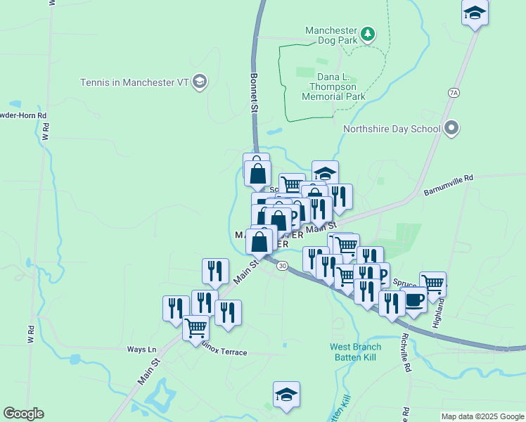 map of restaurants, bars, coffee shops, grocery stores, and more near 141 Bonnet Street in Bennington County