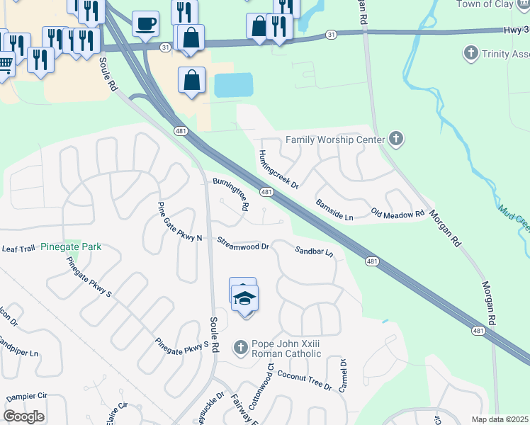 map of restaurants, bars, coffee shops, grocery stores, and more near 8412B Bramblebush Circle in Liverpool