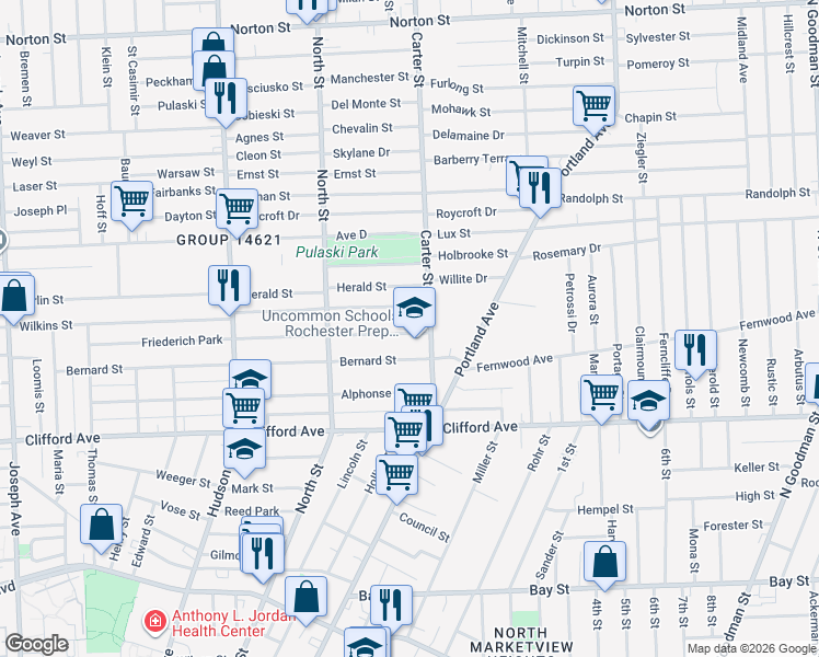 map of restaurants, bars, coffee shops, grocery stores, and more near 662 Wilkins Street in Rochester