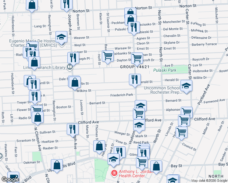 map of restaurants, bars, coffee shops, grocery stores, and more near 187 Berlin Street in Rochester