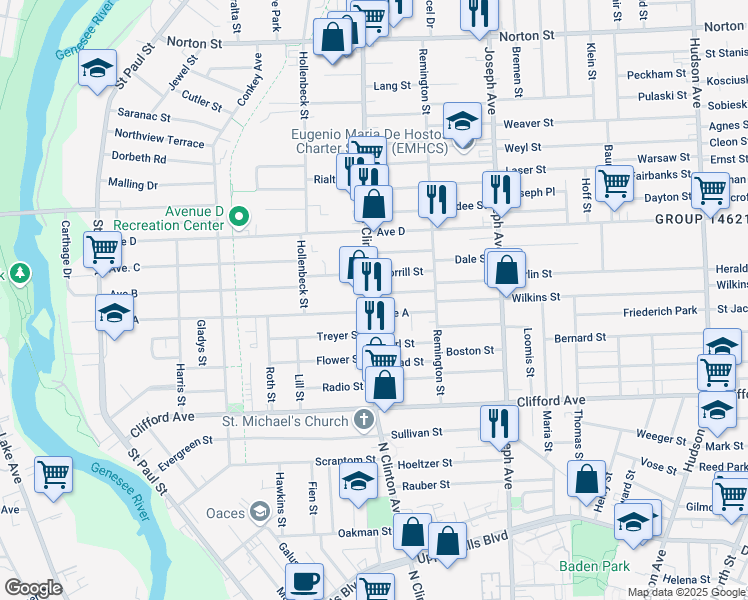 map of restaurants, bars, coffee shops, grocery stores, and more near 113 Morrill Street in Rochester