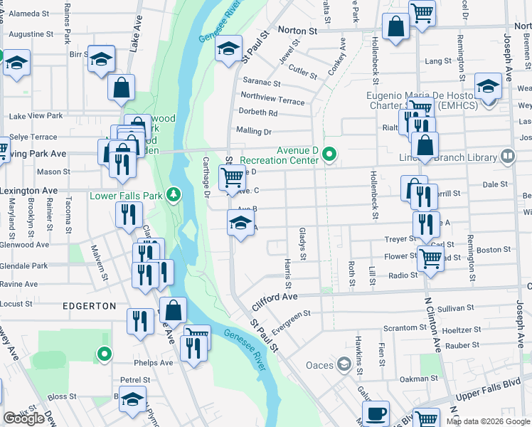 map of restaurants, bars, coffee shops, grocery stores, and more near 51 Avenue C in Rochester