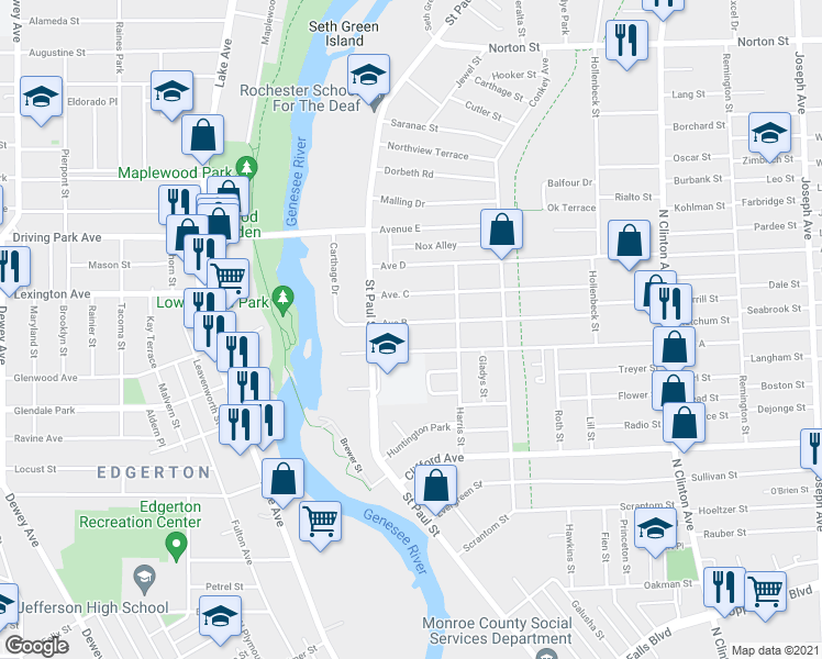 map of restaurants, bars, coffee shops, grocery stores, and more near 51 Avenue C in Rochester