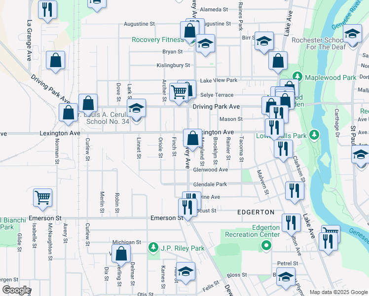 map of restaurants, bars, coffee shops, grocery stores, and more near in Rochester
