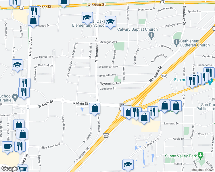 map of restaurants, bars, coffee shops, grocery stores, and more near 2208 Wyoming Avenue in Sun Prairie