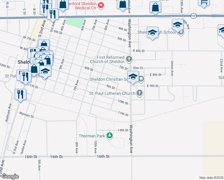 map of restaurants, bars, coffee shops, grocery stores, and more near 11th Avenue in Sheldon