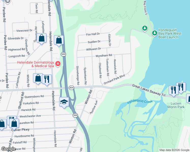 map of restaurants, bars, coffee shops, grocery stores, and more near 1732 Winton Road North in Rochester