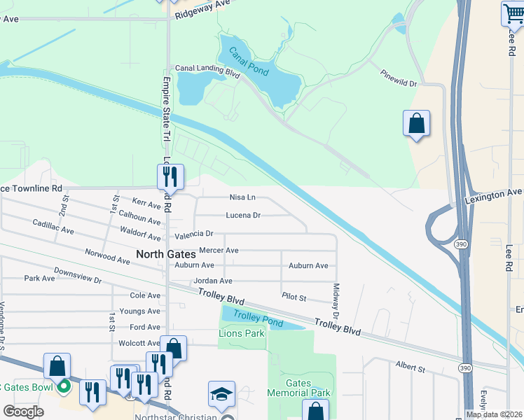 map of restaurants, bars, coffee shops, grocery stores, and more near 31 Lucena Drive in Rochester