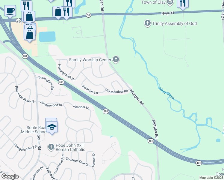 map of restaurants, bars, coffee shops, grocery stores, and more near 8423 Sweetmill Lane in Clay