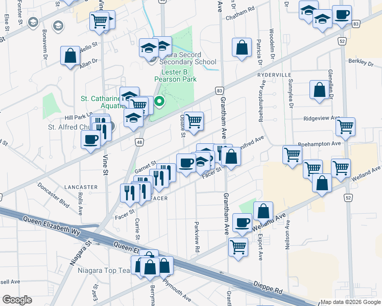 map of restaurants, bars, coffee shops, grocery stores, and more near 34 Brighton Avenue in Saint Catharines