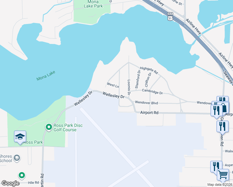 map of restaurants, bars, coffee shops, grocery stores, and more near 4067 West Lane in Norton Shores