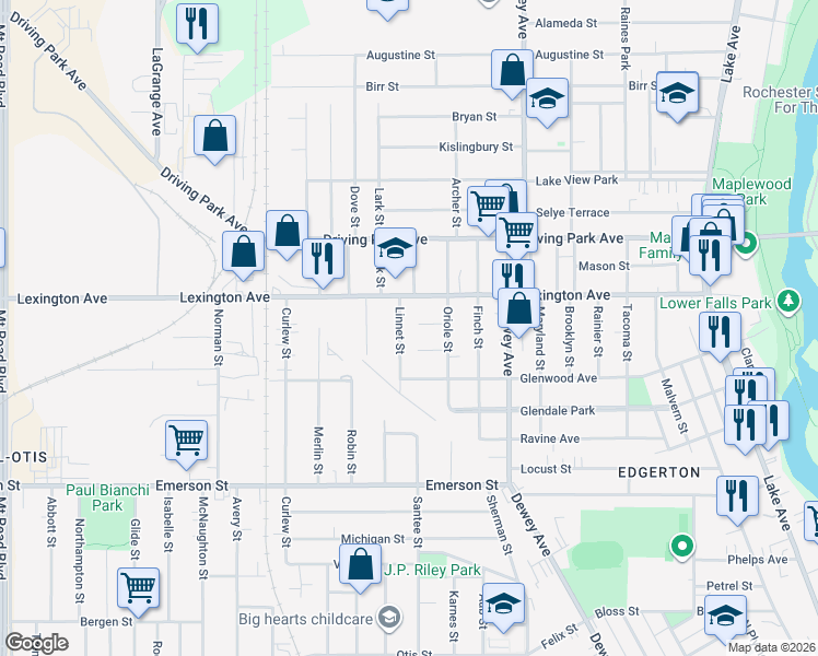 map of restaurants, bars, coffee shops, grocery stores, and more near 86 Linnet Street in Rochester