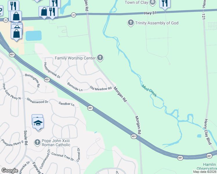 map of restaurants, bars, coffee shops, grocery stores, and more near 4353 Old Meadow Road in Clay