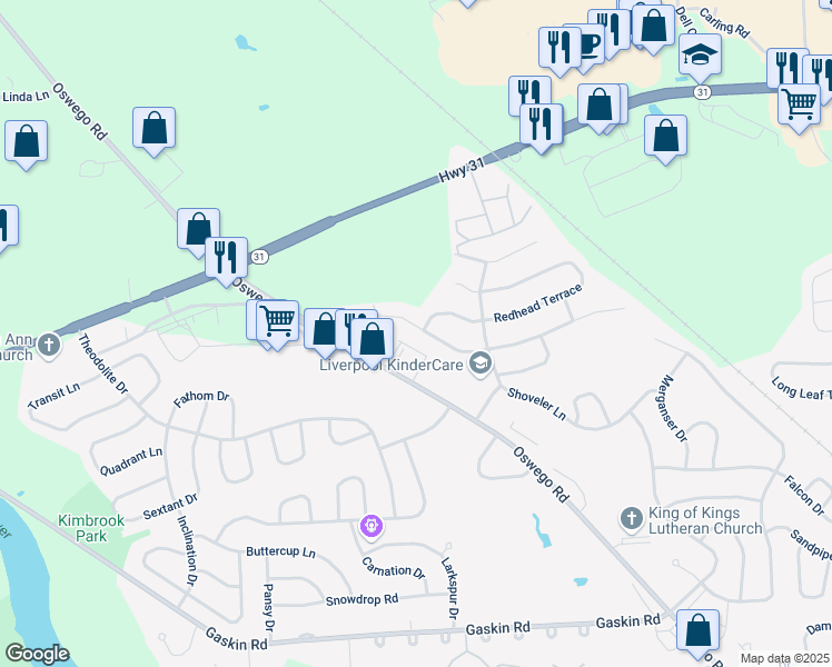 map of restaurants, bars, coffee shops, grocery stores, and more near 3643 Black Brant Drive in Liverpool
