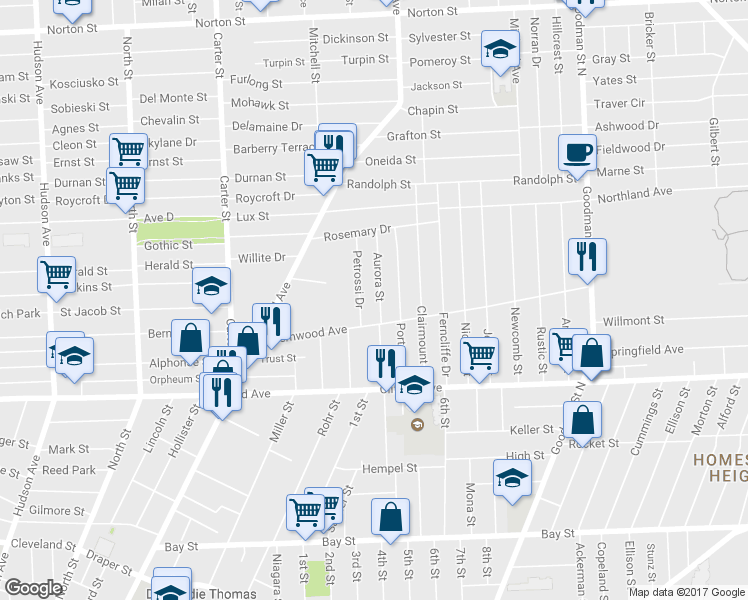 map of restaurants, bars, coffee shops, grocery stores, and more near 60 Aurora Street in Rochester