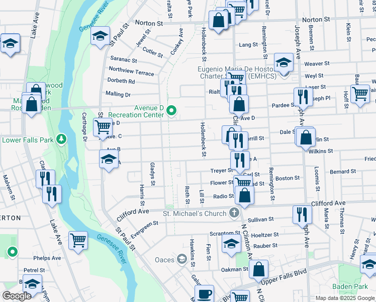 map of restaurants, bars, coffee shops, grocery stores, and more near 324 Avenue B in Rochester