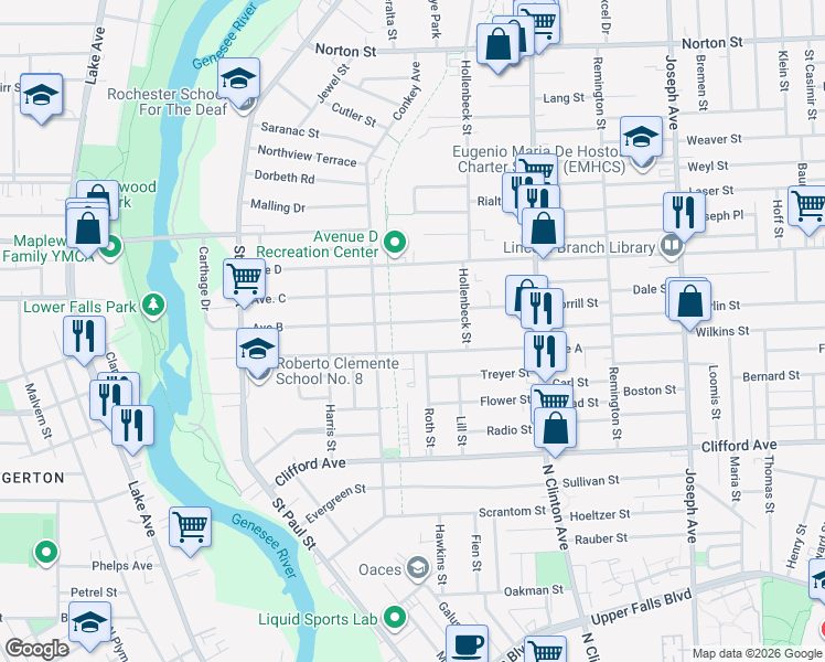 map of restaurants, bars, coffee shops, grocery stores, and more near 270 Avenue B in Rochester