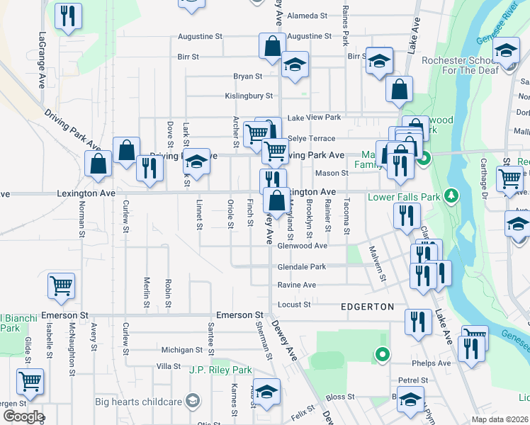 map of restaurants, bars, coffee shops, grocery stores, and more near in Rochester