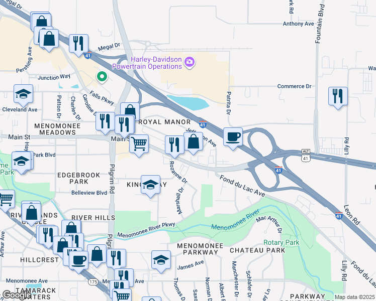 map of restaurants, bars, coffee shops, grocery stores, and more near N88W14999 Jefferson Avenue in Menomonee Falls