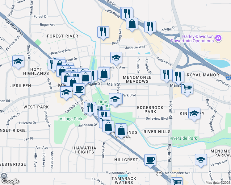 map of restaurants, bars, coffee shops, grocery stores, and more near N89W16243 Main Street in Menomonee Falls