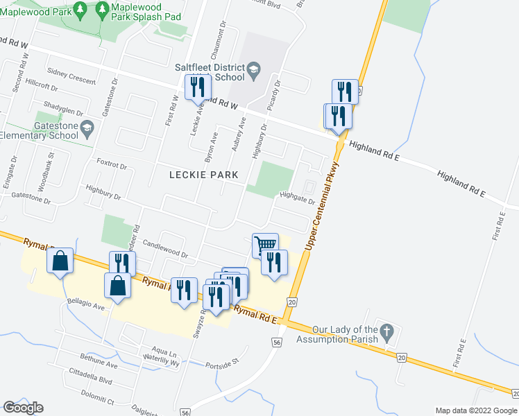 map of restaurants, bars, coffee shops, grocery stores, and more near 70 Highgate Drive in Hamilton