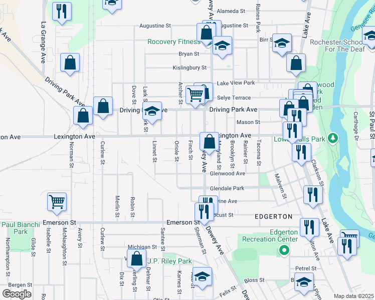 map of restaurants, bars, coffee shops, grocery stores, and more near 49 Finch Street in Rochester