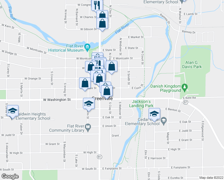 map of restaurants, bars, coffee shops, grocery stores, and more near 300 South Clay Street in Greenville