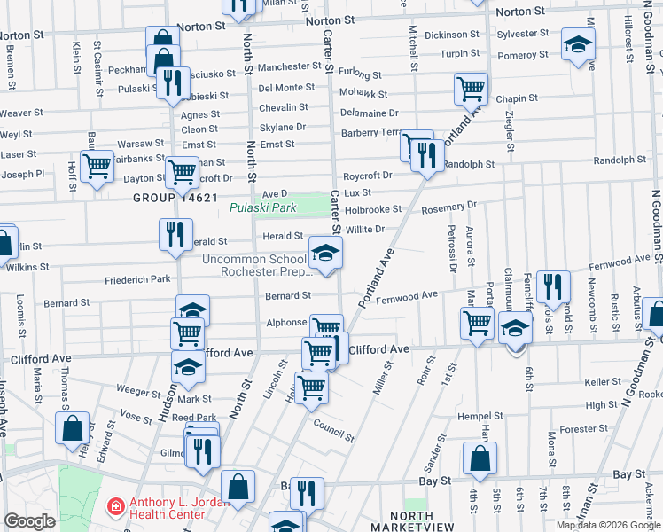 map of restaurants, bars, coffee shops, grocery stores, and more near 662 Wilkins Street in Rochester